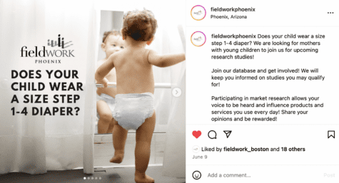 social media post of a study looking for mom's with babies in diapers